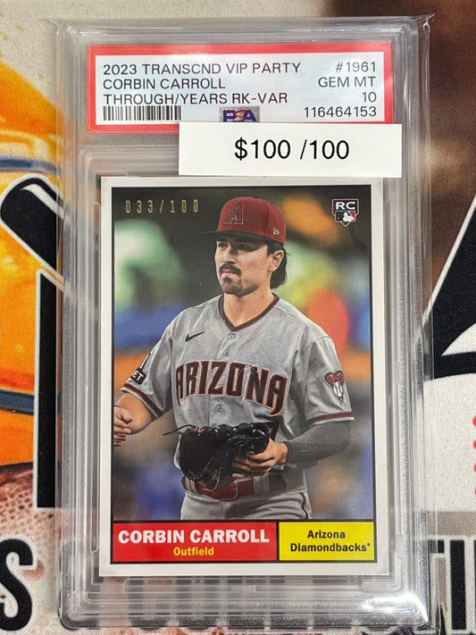2023 Topps Transcendent VIP Party Corbin Carroll Through The Years Rookie Alternate Variation /100 PSA 10