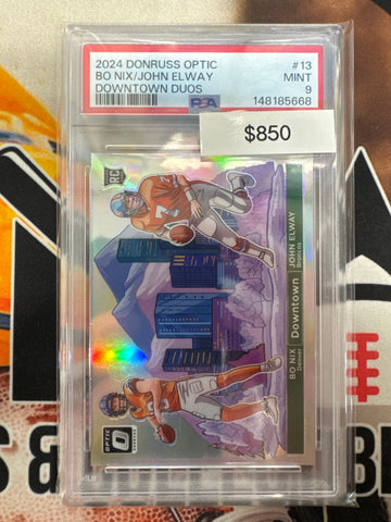 2024 Panini Donruss Optic NFL Bo Nix & John Elway Rookie Downtown Duos PSA 9