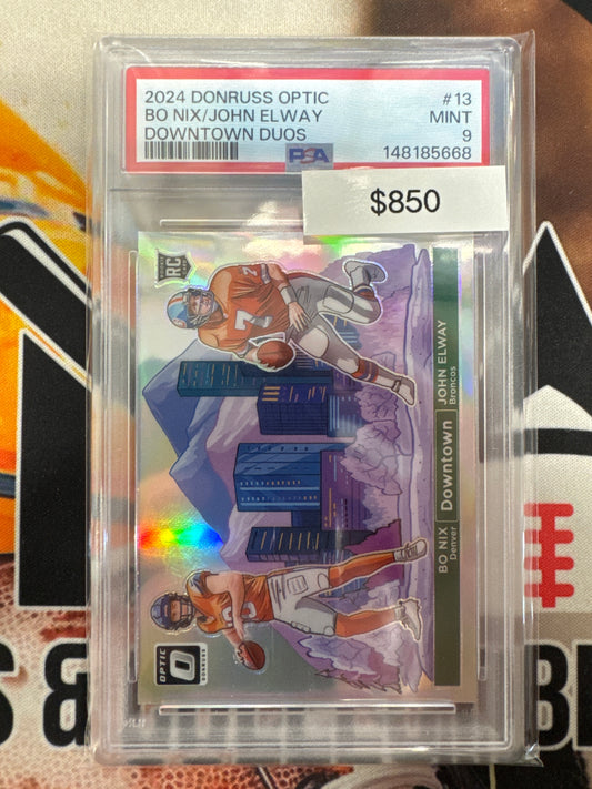 2024 Panini Donruss Optic NFL Bo Nix & John Elway Rookie Downtown Duos PSA 9