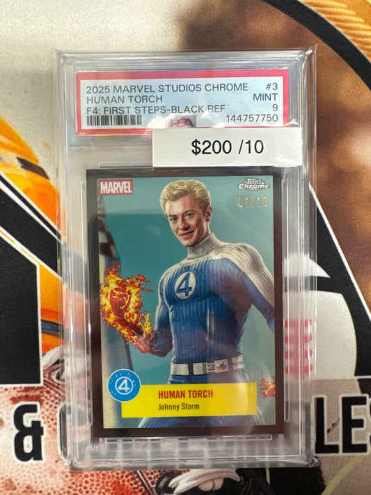 2025 Topps Marvel Studios Chrome Human Torch Fantastic 4 First Steps Black Refractor /10 PSA 9