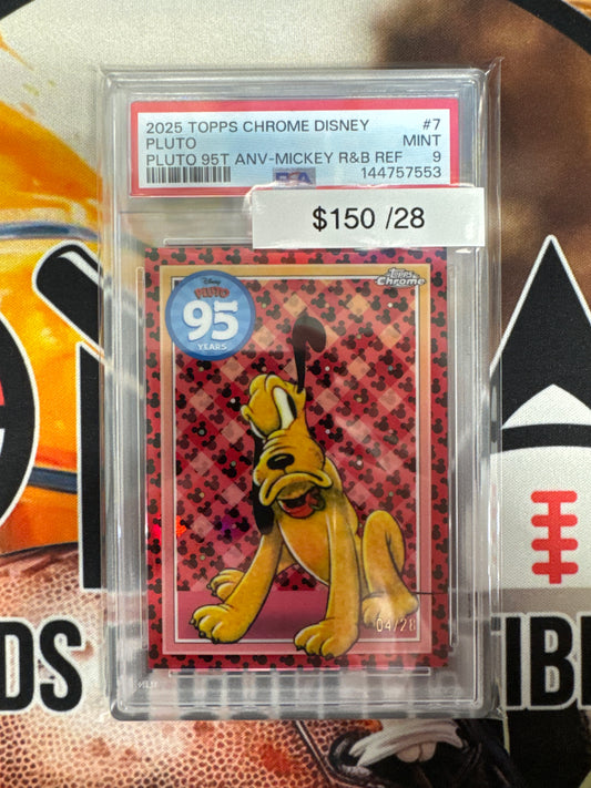 2025 Topps Chrome Disney Pluto Pluto 95th Anniversary Mickey Mouse Red & Black Refractor /28 PSA 9