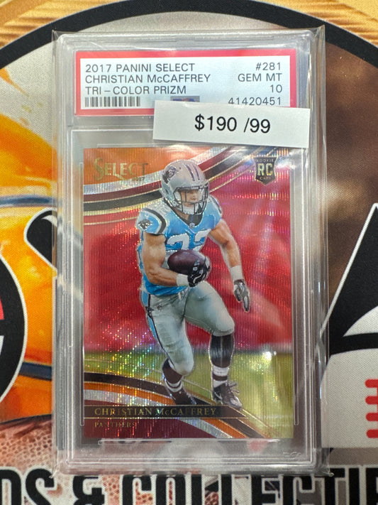 2017 Panini Select NFL Christian McCaffrey Rookie Tri-Color Prizm /99 PSA 10