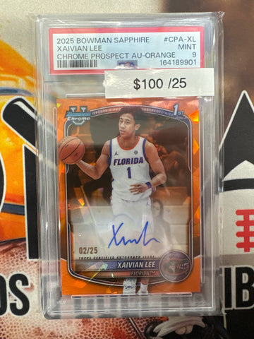 2025 Bowman Sapphire Basketball Xaivian Lee Chrome Prospect Autograph Orange Refractor /25 PSA 9