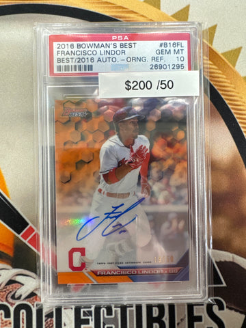 2016 Bowman’s Best MLB Francisco Lindor Best Of 2016 Autograph Orange Refractor /50 PSA 10