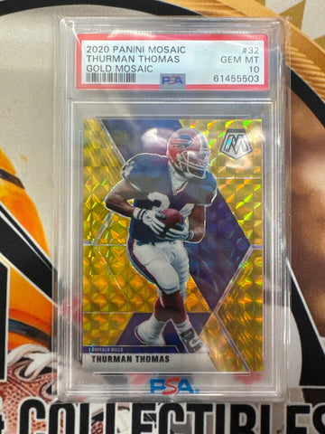 2020 Panini Mosaic NFL Thurman Thomas Gold Mosaic /17 PSA 10