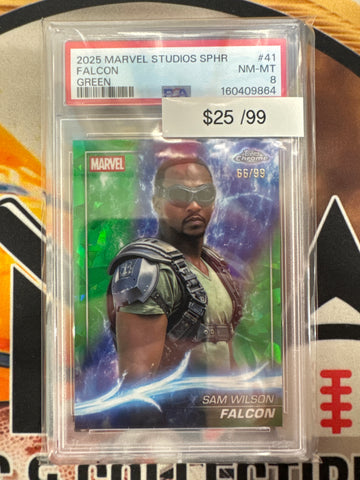 2025 Topps Chrome Marvel Studios Sapphire Sam Wilson Falcon Green Refractor /99 PSA 8