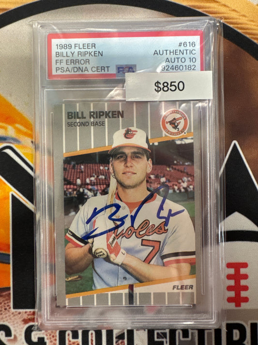 1989 Fleer Baseball Billy Ripken “FF Error” PSA Authentic Auto 10