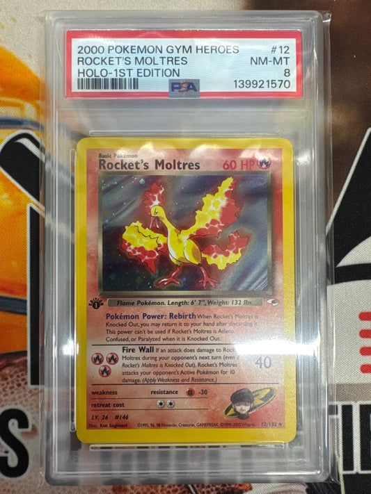 Pokémon 1st Edition Rocket’s Moltres Holo Gym Heroes 12/132 PSA 8