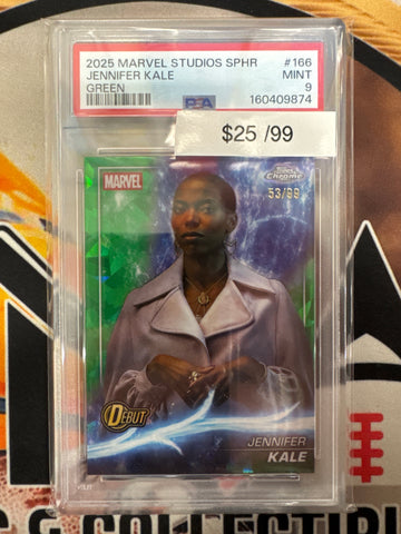 2025 Topps Chrome Marvel Studios Sapphire Jennifer Kale Debut Green Refractor /99 PSA 9