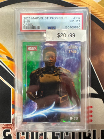 2025 Topps Chrome Marvel Studios Sapphire B-15 Green Refractor /99 PSA 8