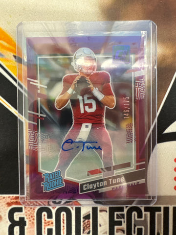 2023 Panini Clearly Donruss NFL Clayton Tune Purple Rated Rookie Autograph /175