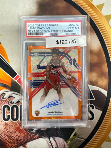 2025 Topps Chrome NBA Sapphire Jamir Watkins Rookie Next Stop Autograph Orange Refractor /25 PSA 10