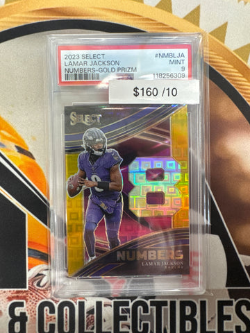 2023 Panini Select NFL Lamar Jackson Numbers Gold Prizm /10 PSA 9