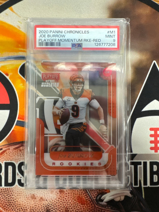 2020 Panini Chronicles NFL Joe Burrow Rookie Playoff Momentum Rookie Red /199 PSA 9