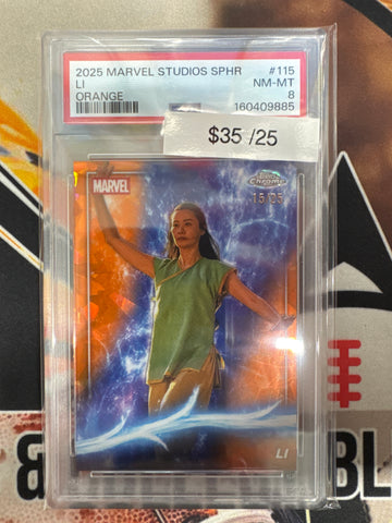 2025 Topps Chrome Marvel Studios Sapphire Li Orange Refractor /25 PSA 8