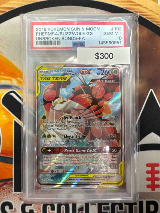 2019 Pokemon Sun & Moon Pheromosa & Buzzwole GX Unbroken Bonds 192/214 PSA 10