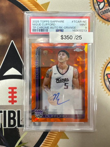 2025 Topps Chrome Sapphire NBA Nique Clifford Rookie Chrome Autograph Orange Refractor /25 PSA 9