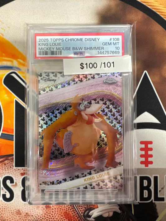 2025 Topps Chrome Disney King Louie Mickey Mouse Black & White Shimmer /101 PSA 10