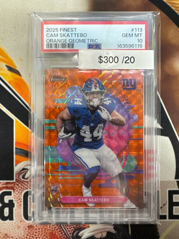 2025 Topps Finest NFL Cam Skattebo Rookie Uncommon Orange Geometric Refractor /20 PSA 10