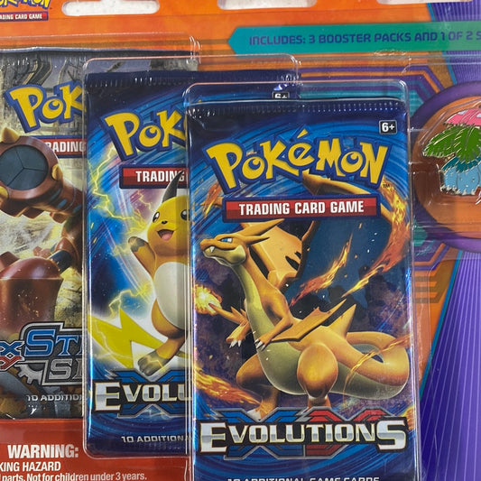 Pokémon 3 pack blister 2 evolutions, 1 steam siege with Venusaur pin