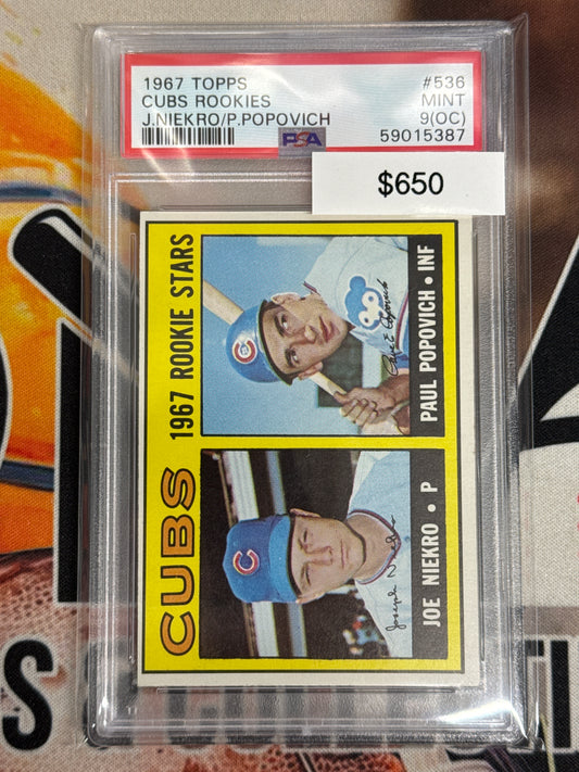 1967 Topps Cubs Rookie Stars Joe Niekro & Paul Popovich PSA 9 (OC)