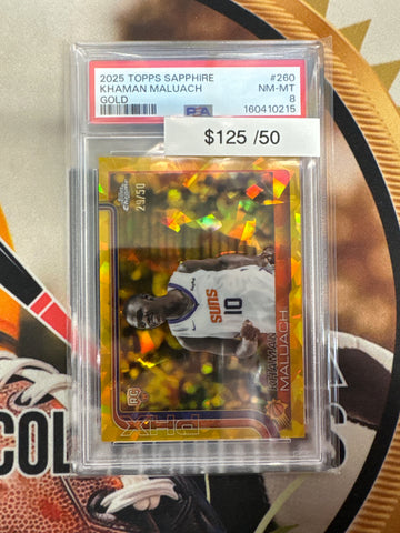 2025 Topps Chrome NBA Sapphire Khaman Maluach Rookie Gold Refractor /50 PSA 8