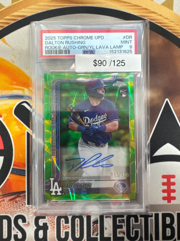 2025 Topps Chrome Update Series MLB Dalton Rushing Rookie Autograph Green/Yellow Lava Lamp Refractor /125 PSA 9