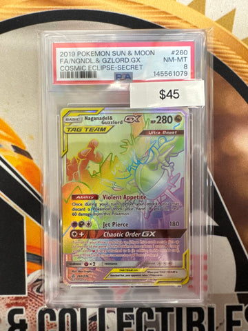 Pokemon Naganadel & Guzzlord GX 260/236 Cosmic Eclipse Secret PSA 8