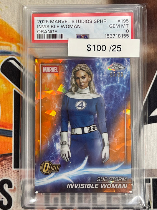 2025 Topps Chrome Sapphire Marvel Studios Invisible Woman Sue Storm Debut Orange Cracked Ice /25 PSA 10