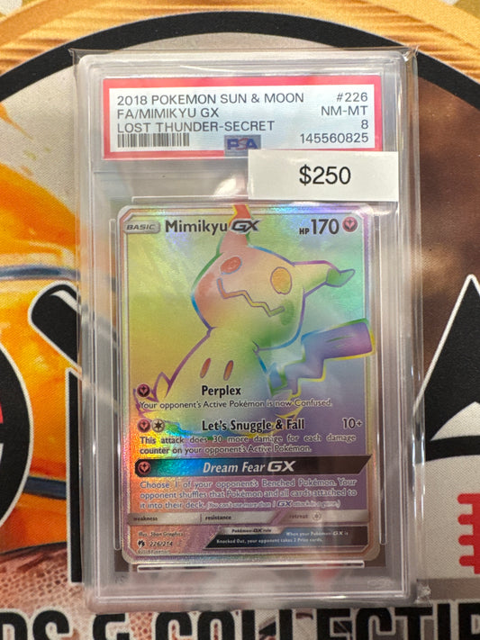 2018 Pokemon Sun & Moon Full Art Mimikyu GX 226/214 Lost Thunder Secret PSA 8