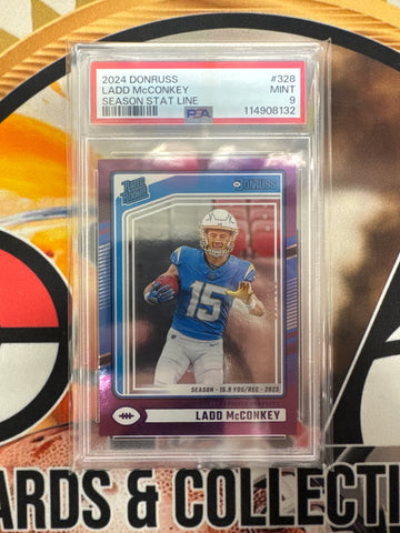 2024 Panini Donruss NFL Ladd McConkey Season Stat Line Rated Rookie /159 PSA 9