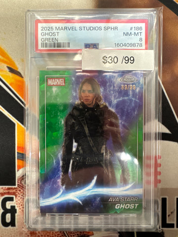 2025 Topps Chrome Marvel Studios Sapphire Ava Starr Ghost Green Refractor /99 PSA 8
