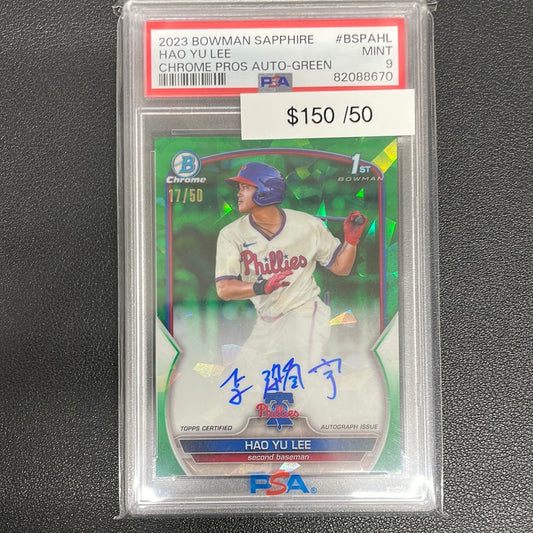 2023 MLB Hao Yu Lee 1st Bowman Chrome Green Sapphire Auto /50 PSA 9