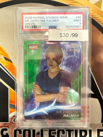 2025 Topps Chrome Marvel Studios Sapphire Dr. Christine Palmer Green Refractor /99 PSA 9