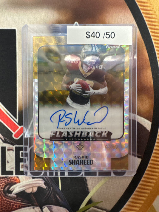 2025 Topps Finest NFL Rashid Shaheed Flashback Autograph Gold Geometric Refractor /50