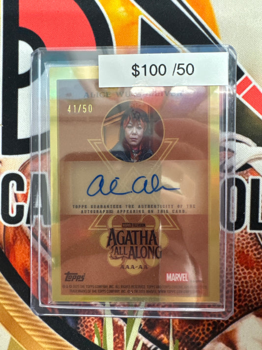 2025 Topps Marvel Studios Chrome Agatha All Along Ali Ahn As Alice Wu-Gulliver Autograph Gold Refractor /50