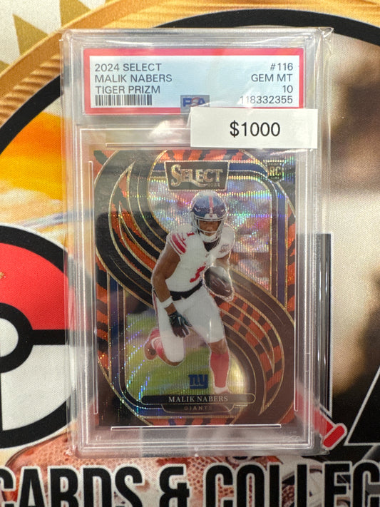 2024 Panini Select NFL Malik Nabers Rookie Tiger Prizm PSA 10