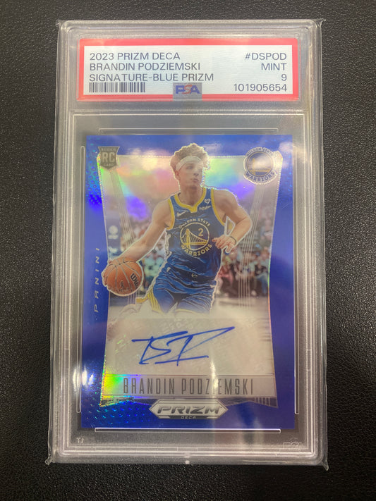 2023 Panini Prizm Deca Brandin Podziemski Signatures Blue /49 Rookie PSA 9