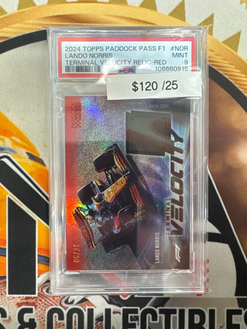 2024 Topps Paddock Pass F1 Lando Norris Terminal Velocity Relic Red /25 PSA 9