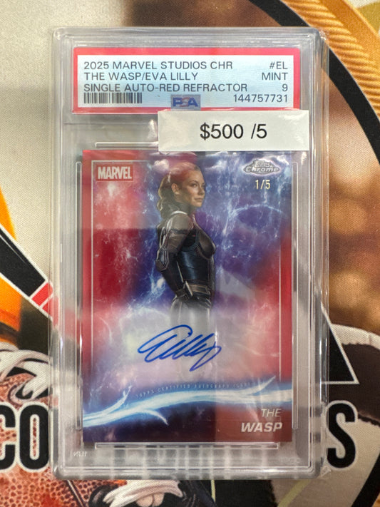 2025 Topps Marvel Studios Chrome Evangeline Lilly As The Wasp Single Auto Red Refractor /5 PSA 9