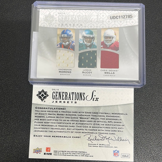 2009 NFL Ultimate Collection Generations Six Jerseys Emmitt Smith, Knowshon Moreno, Barry Sanders, LeSean McCoy, LaDainian Tomlinson, Chris “Beanie” Wells Patch /35