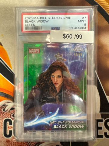 2025 Topps Chrome Marvel Studios Sapphire Black Widow Green Refractor /99 PSA 9