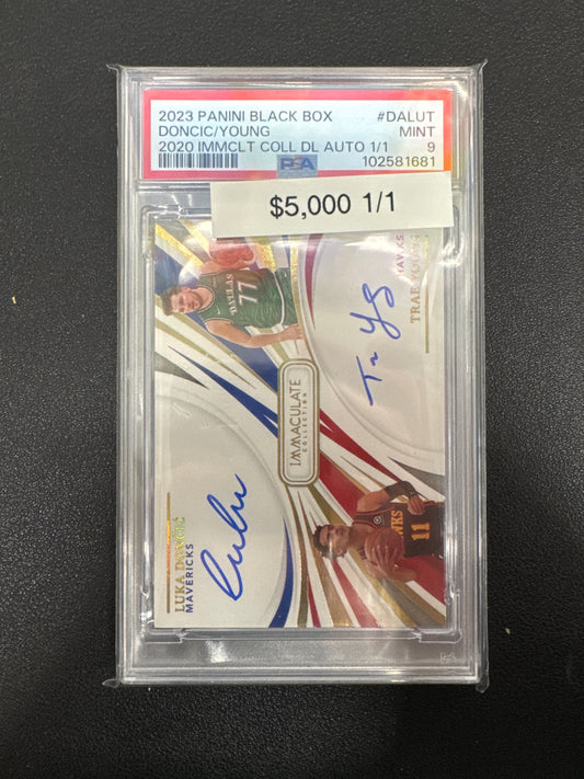 2023 Panini Black Box Luka Doncic & Trae Young 2020 Immaculate Collection Dual Auto 1/1 PSA 9