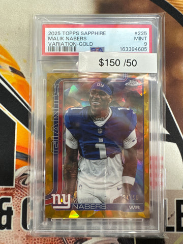 2025 Topps Chrome NFL Sapphire Malik Nabers Image Variation Gold Refractor /50 PSA 9