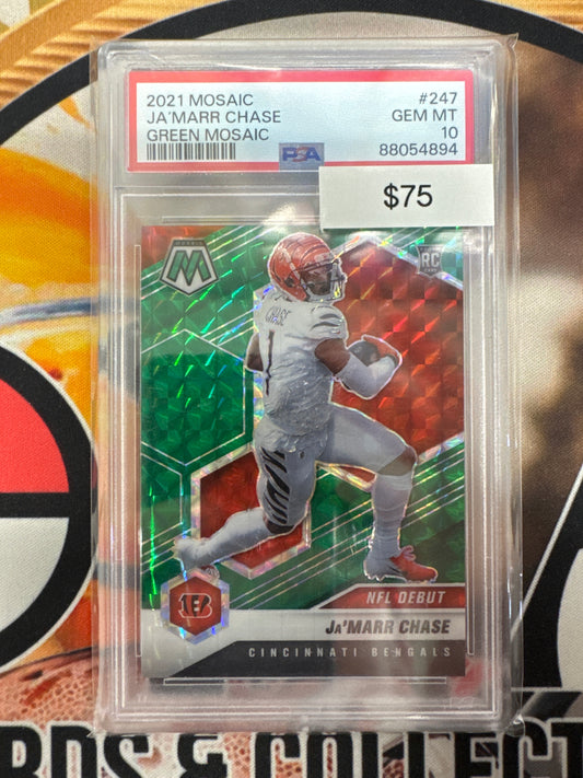 2021 Panini Mosaic NFL Ja’Marr Chase Rookie Green Mosaic PSA 10