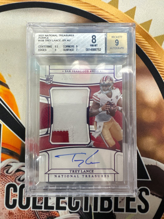 2021 Panini National Treasures Trey Lance Rookie Purple Jersey Auto /49 BGS 8 Auto 9