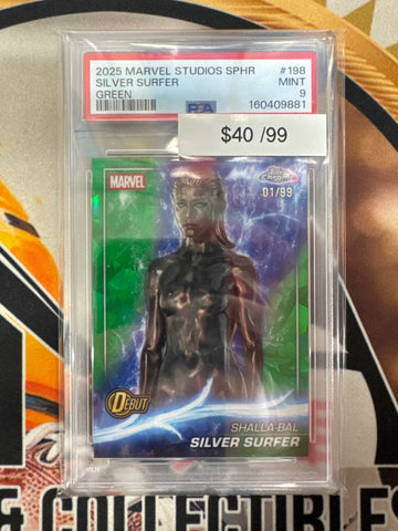 2025 Topps Chrome Marvel Studios Sapphire Silver Surfer Debut Green Refractor /99 PSA 9