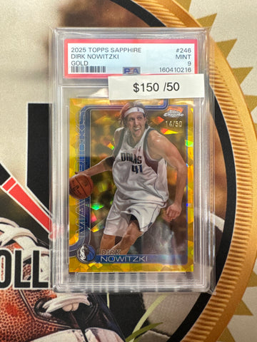 2025 Topps Chrome NBA Sapphire Dirk Nowitzki Gold Refractor /50 PSA 9