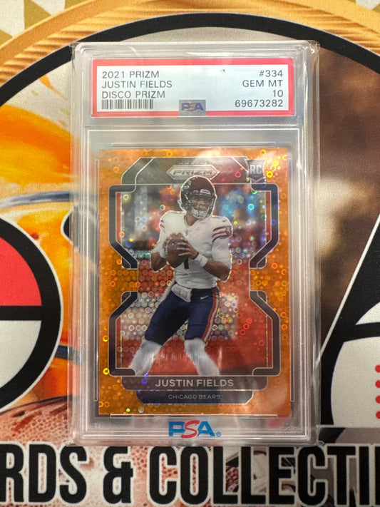2021 Panini Prizm NFL Justin Fields Rookie Orange Disco Prizm PSA 10