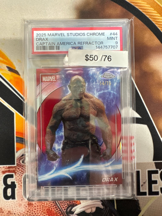 2025 Topps Marvel Studios Chrome Drax Captain America Refractor /76 PSA 9